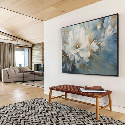 Oversized Abstract Wall Art Blue, White, and Gold Textured Abstract Floral Art HPS407