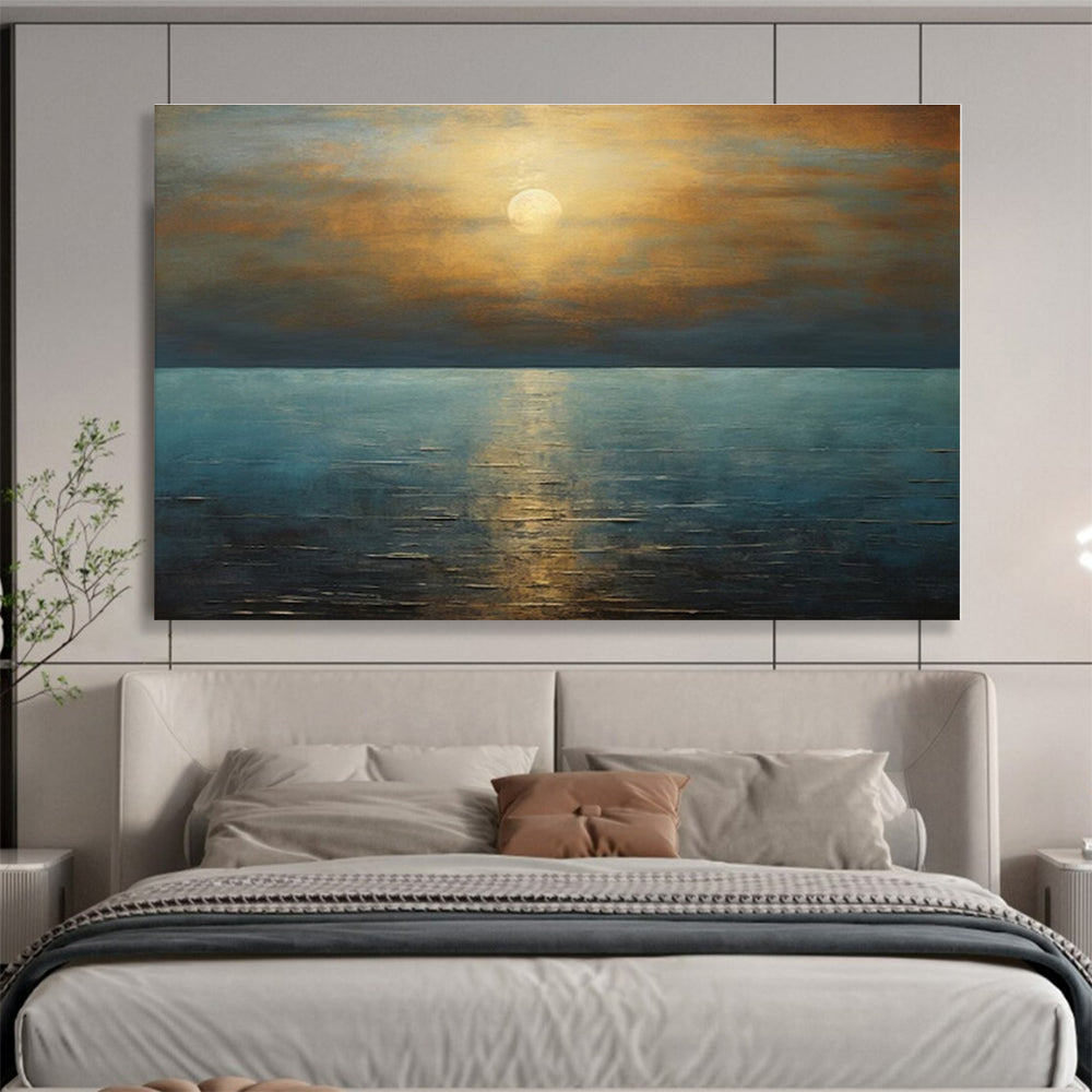 Acrylic Modern Art Paintings Golden Sunset Over Blue Sea Abstract On Canvas HPS034