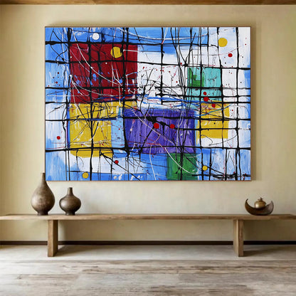 Modern Art Acrylic Multicolor (Blue, Red, Yellow, Purple) Geometric Abstract Painting HPS247