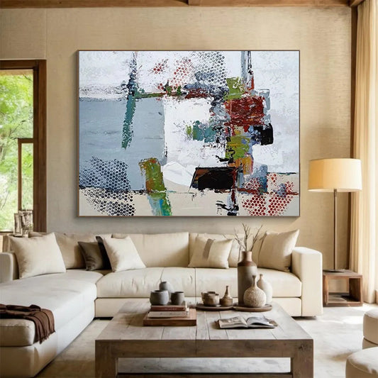 48x60 Multicolor Abstract Painting with Dotted and Textured Elements, Cool Abstract Paintings PT216