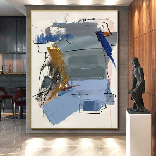 Unique Abstract Art Blue Gray Gold Abstract Composition Acrylic Painting PT471