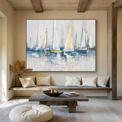 Modern Art Acrylic White & Gold Sailboat Abstract Painting HPS228
