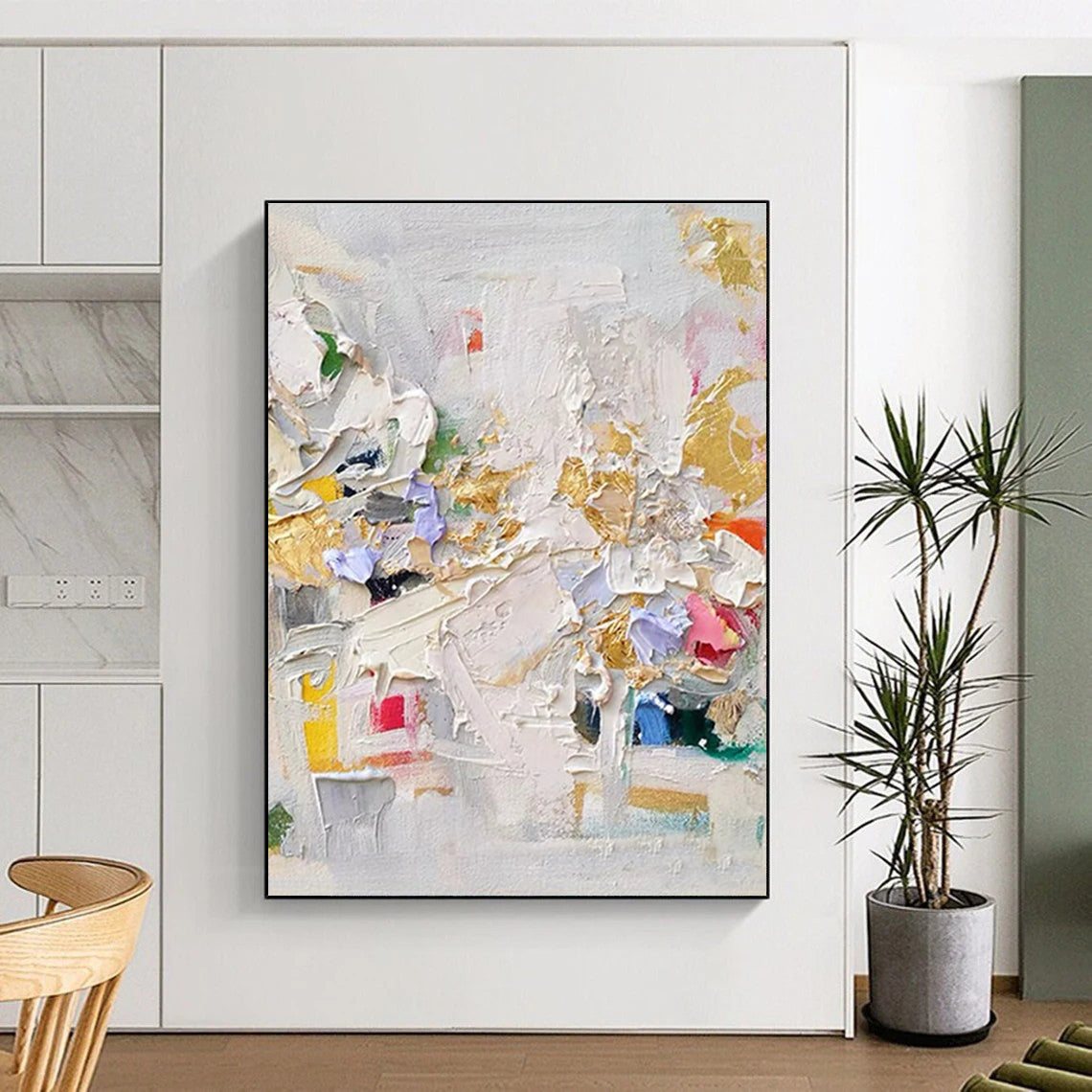 48x60 - Multicolor Textured Abstract Art with Gold Accents PT566