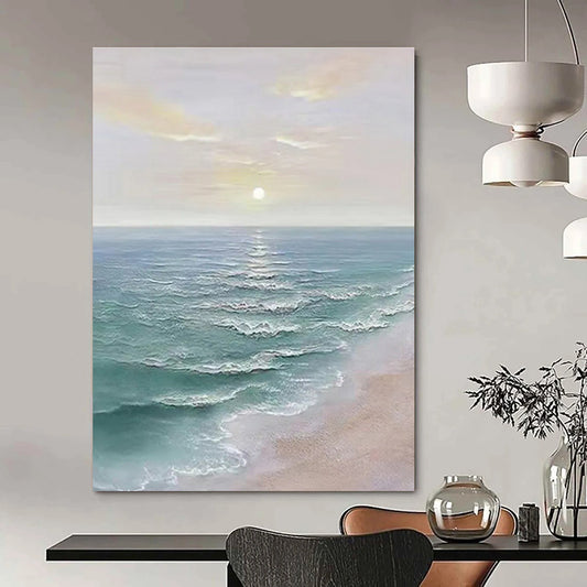 Large Contemporary Wall Art Blue, Beige, and White Coastal Sunset Abstract Painting DPS455