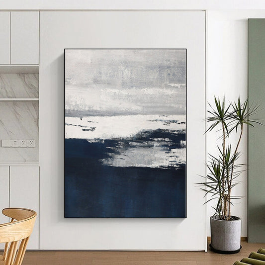 Hand Painting Gray & Blue Textured Seascape Abstract Painting On Canvas PT092