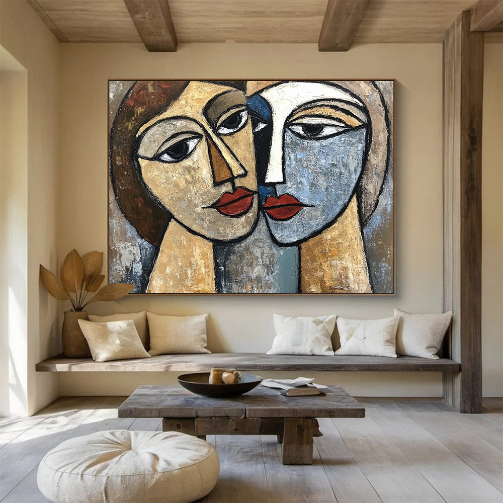 Hand-Painted Brown, Blue, Red & Beige Cubist Portrait Abstract Painting HPS254