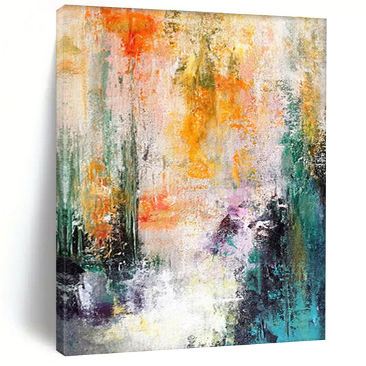 Large Size Multicolor (Orange, Yellow, Green, Purple, Teal) Abstract Energetic Brushstrokes Painting On Canvas PT276