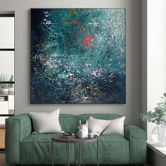 Unique Abstract Art in Teal, Red, Pink, and White Textural Abstract Sea-Inspired Painting On Canvas PT275