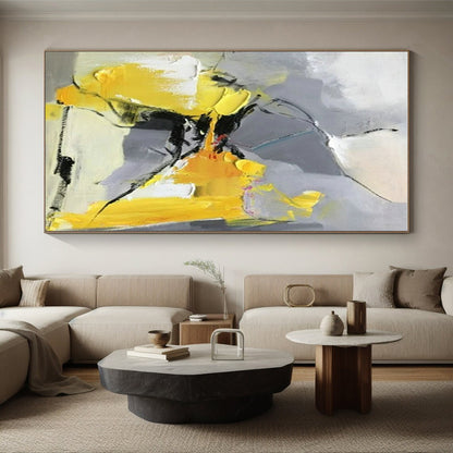 48x60 Yellow and Gray Abstract Expressive Work, Oversized Abstract Wall Art PT526