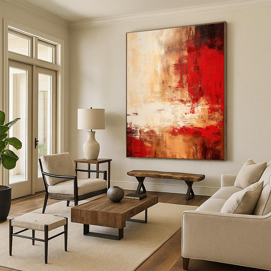Large Contemporary Wall Art Red Beige Abstract Textured Acrylic Painting PT460