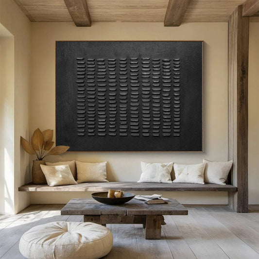 Oversized Abstract Wall Art Black Textured Grid Abstract On Canvas HPS030