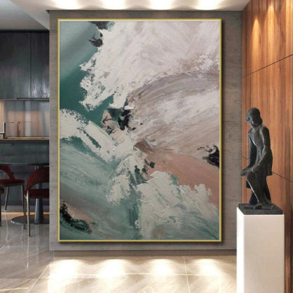 Hand-Painted Teal Beige Abstract Landscape Acrylic Art PT491