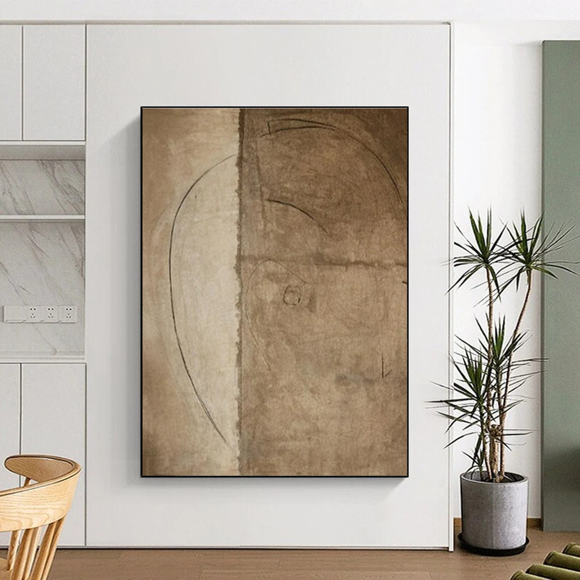 Minimalist Canvas Art - Monochrome Brown & Beige Subtle Lines Abstract Drawing PT563
