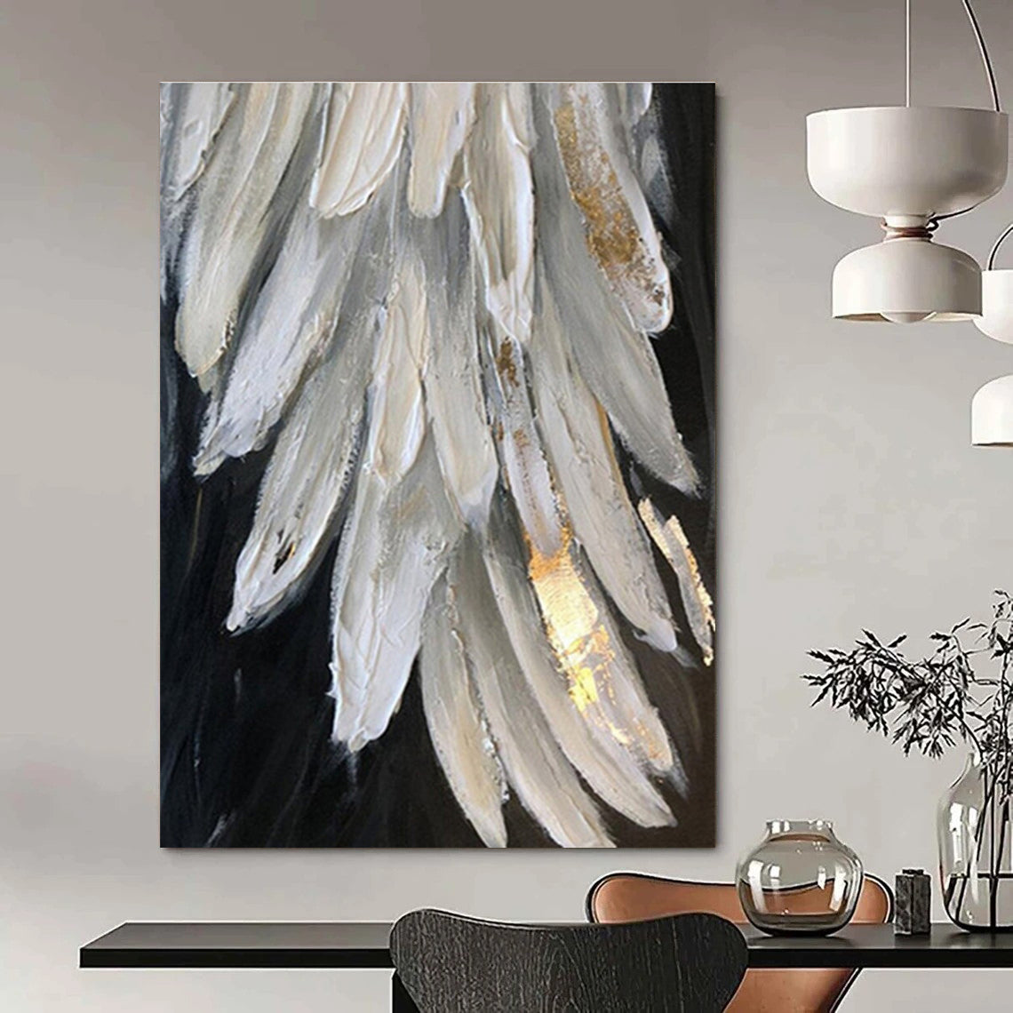 Large Size White, Gray, and Gold Textured Abstract Feather Art DPS469