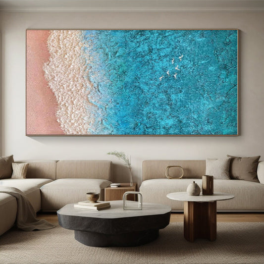 Oversized Abstract Wall Art Teal Beige Textured Coastal Abstract Art PT497