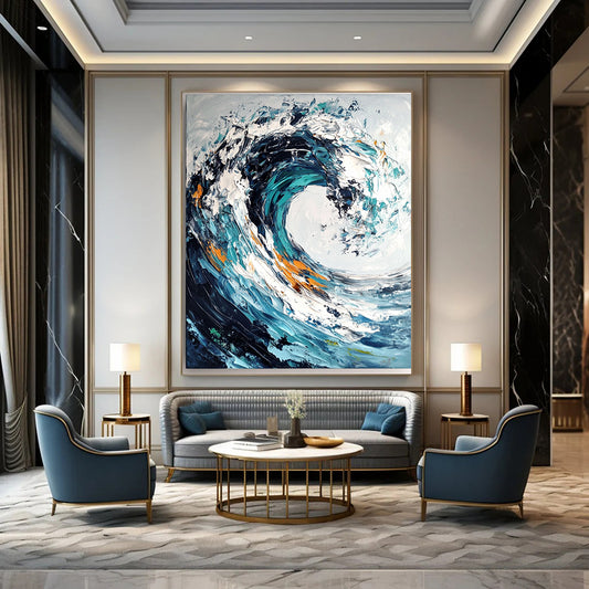 Cool Abstract Paintings Blue, White, and Orange Abstract Wave Painting DPS432