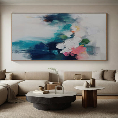 Modern Art Acrylic Blue, White, and Pink Floral Abstract Art PT718