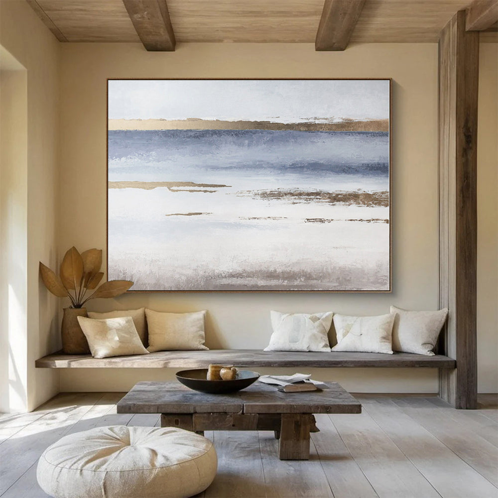 Minimalist Canvas Art Blue, Gold & White Landscape Abstract Painting On Canvas HPS116