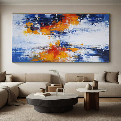 Original Large Abstract Paintings For Sale, Blue White Orange Red Abstract Expressionist Art PT132