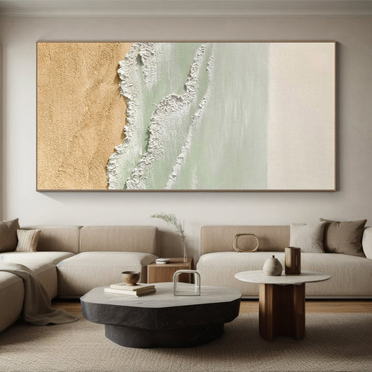 Unique Abstract Art Beige, Green & White Textured Seascape Abstract Painting On Canvas PT075