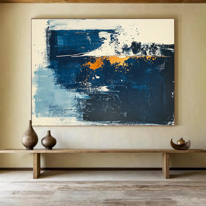 Large Painting In Living Room Blue, Orange, and White Abstract Expressionist Art HPS325