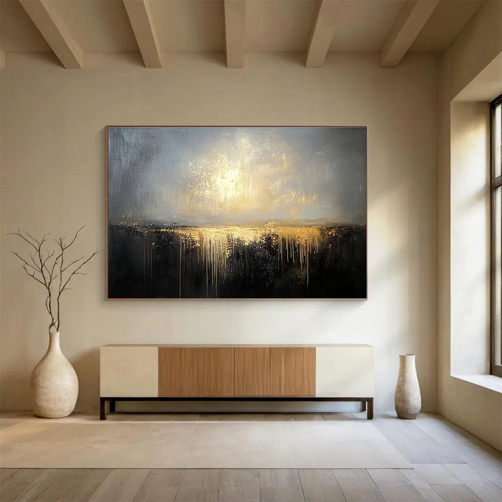 Modern Art Acrylic Gray, Gold & Black Textured Landscape Abstract Painting HPS269