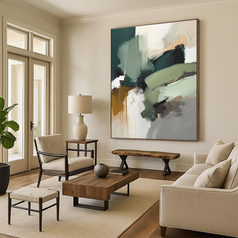 Modern Art Acrylic - Green, Brown & Gray Abstract Landscape-Inspired Art PT577