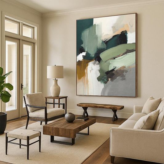 Modern Art Acrylic - Green, Brown & Gray Abstract Landscape-Inspired Art PT577