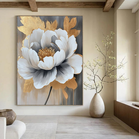 Paintings For House Gray, White, and Gold Floral Abstract Flower Painting DPS435