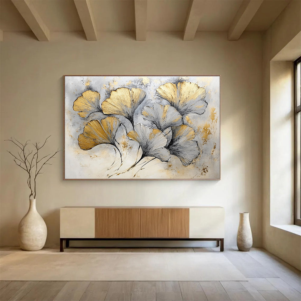 Huge Size Gold and Gray Ginkgo Leaves Textured Abstract Painting HPS303