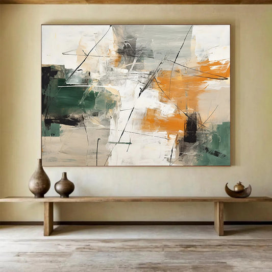 Acrylic Modern Art Paintings Green, Orange & White Abstract Dynamic Art HPS213