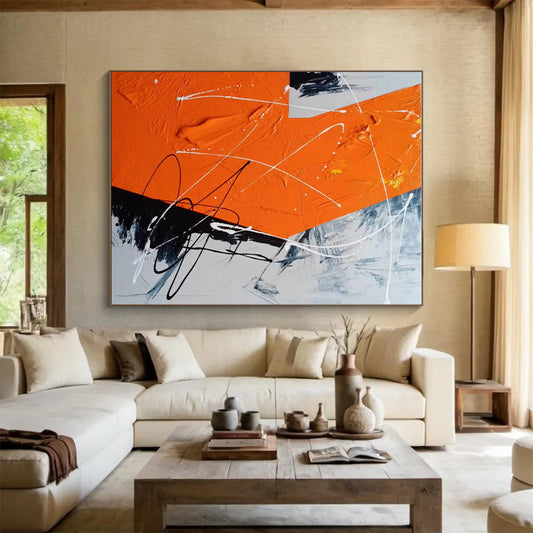 Large Painting In Living Room Orange Black White Textured Abstract Art PT409
