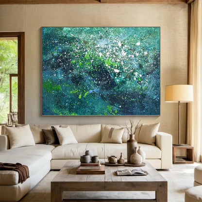 Acrylic Modern Art Paintings in Teal, Green, and White with Splattered Details PT015