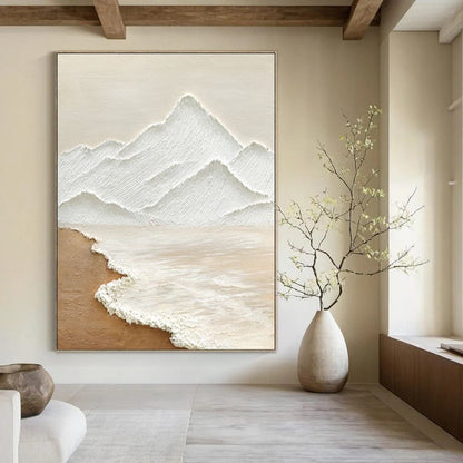 Handmade Art Beige and White Mountain and Sea Abstract Landscape Painting DPS449