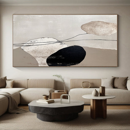 Large Abstract Art For Sale, Beige Black White Abstract Minimalist Geometric Art PT174
