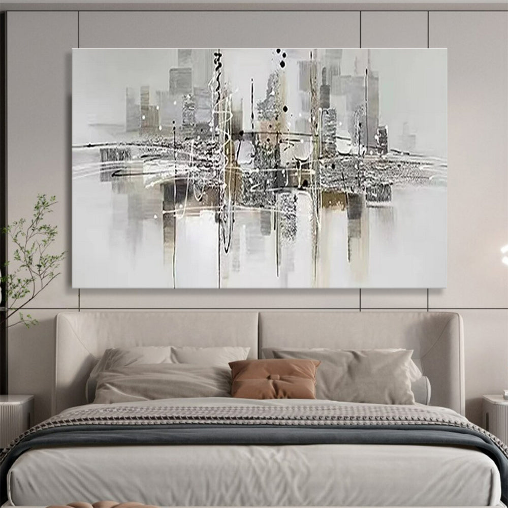 Hand-Painted Gray and Black Abstract City Reflection Art HPS351