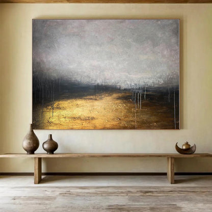 Hand Painted Art Gold & Gray Misty Abstract Landscape HPS143
