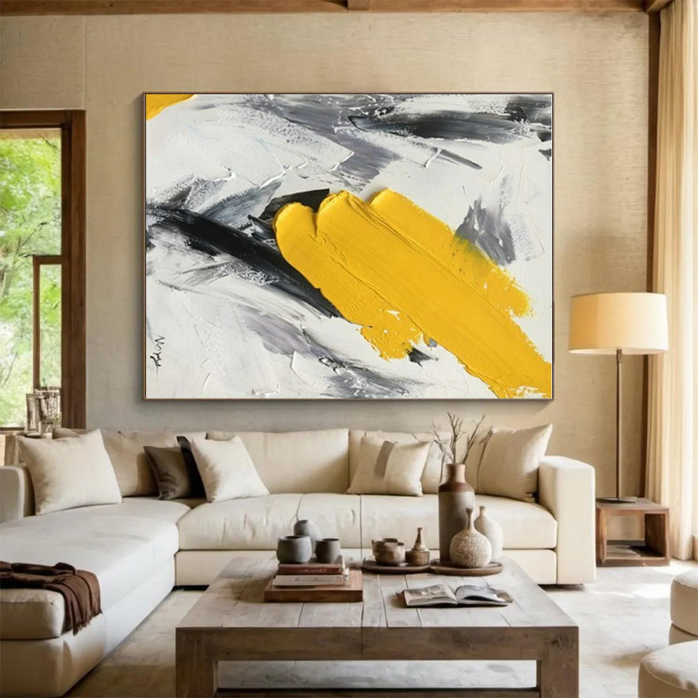Hand-Painted Yellow and Gray Abstract Energetic Scene, Modern Art Acrylic PT524