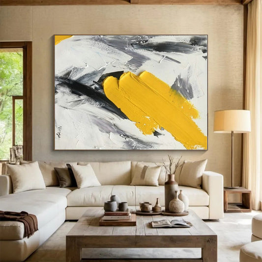 Hand-Painted Yellow and Gray Abstract Energetic Scene, Modern Art Acrylic PT524