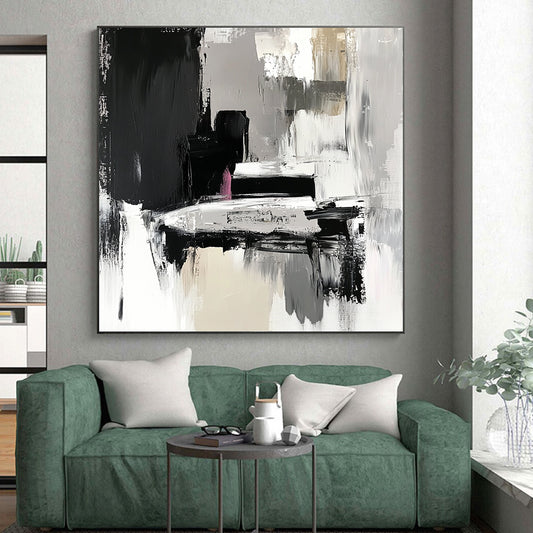 Large Abstract Painting For Living Room, Black Gray White Pink Abstract Textured Art PT151