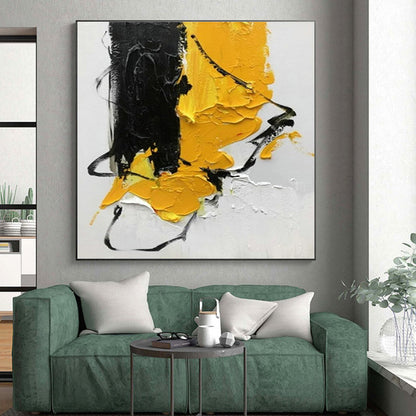 Hand Painted Art Black and Yellow Textured Abstract Composition, Acrylic Modern Art Painting PT521