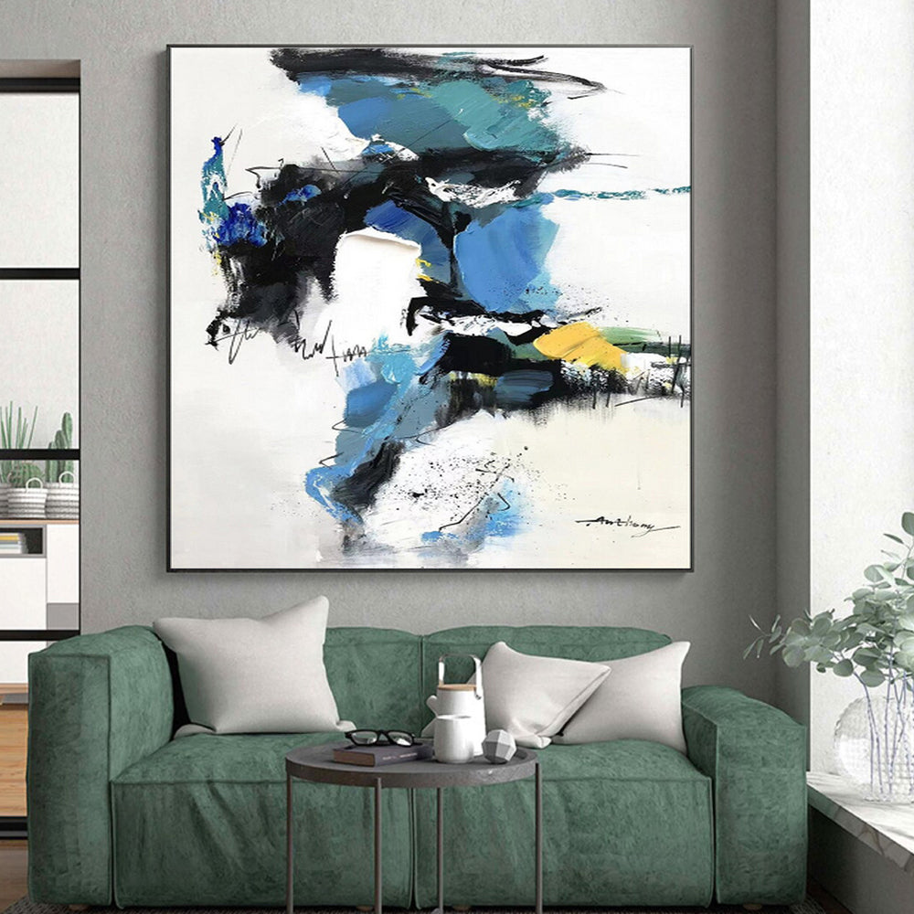 Hand Painting Blue, Black, White, and Yellow Dynamic Abstract Art PT791