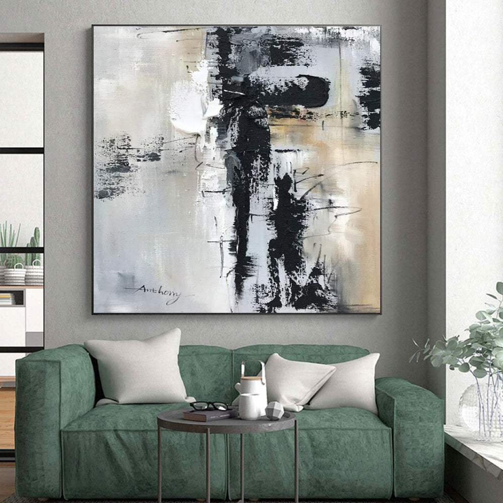 Large Contemporary Wall Art - Black, White & Beige Textured Abstract Art with Dynamic Lines PT587