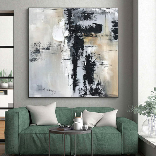 Large Contemporary Wall Art - Black, White & Beige Textured Abstract Art with Dynamic Lines PT587