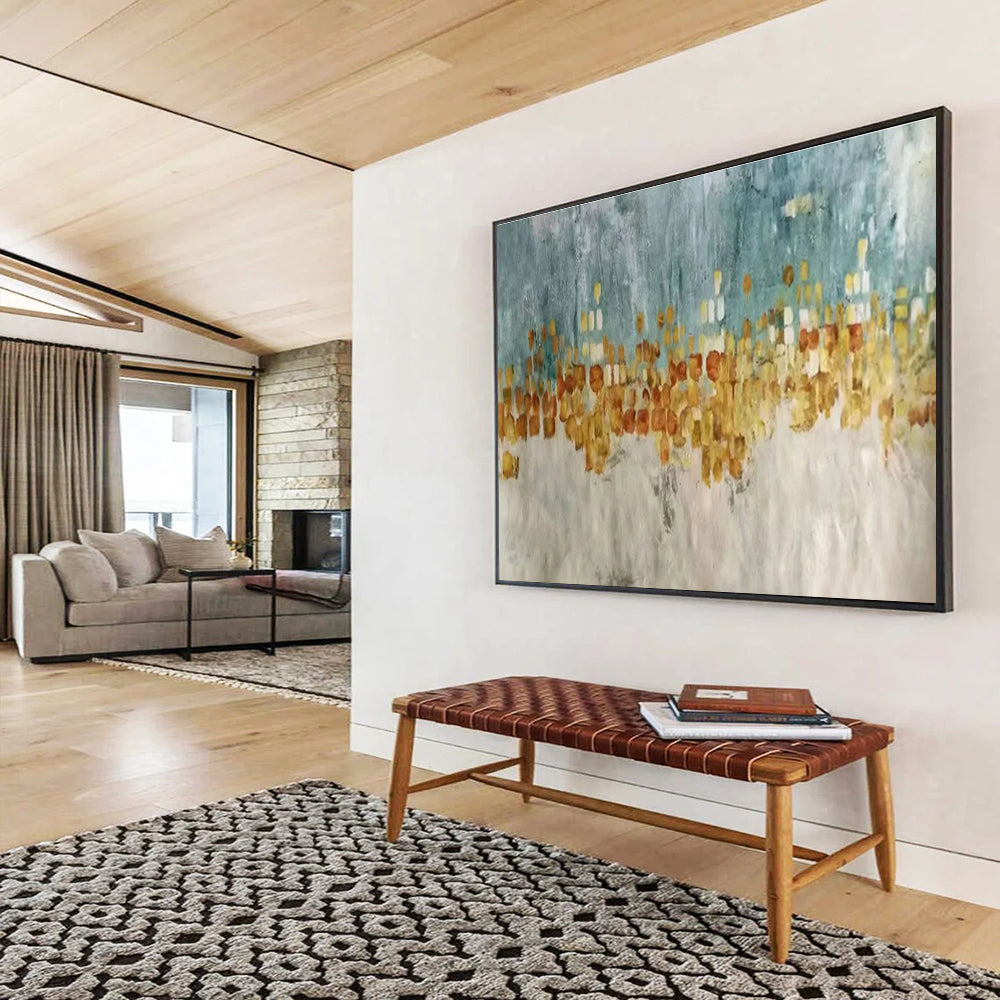 Oversized Abstract Wall Art Teal, Gold, and Beige Abstract Cityscape Art HPS367