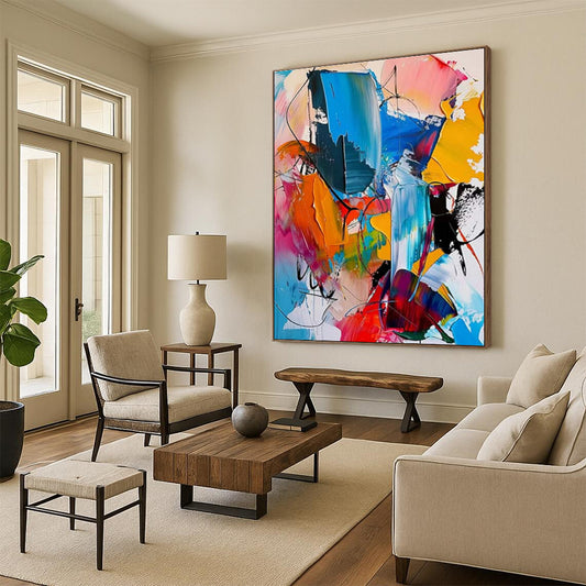 Hand Painted Art Vibrant Multicolor Abstract Energetic Scene, Acrylic Modern Art Painting PT558