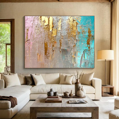 Unique Abstract Art Pink, Gold, Teal & Gray Textured Abstract Painting HPS276