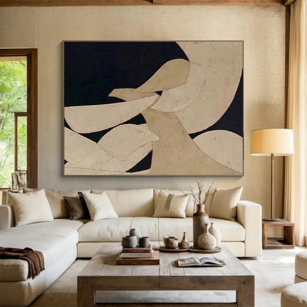 Minimalist Canvas Art Beige & Black Geometric Abstract Painting HPS223