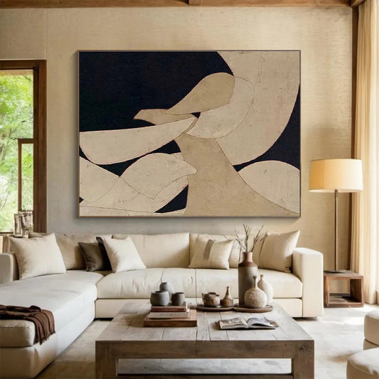 Minimalist Canvas Art Beige & Black Geometric Abstract Painting HPS223