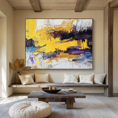 Acrylic Modern Art Paintings Yellow, Black, Purple & White Dynamic Abstract Art HPS236